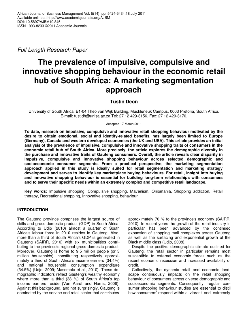 Pdf The Prevalence Of Impulsive Compulsive And Innovative Shopping Behaviour In The Economic Retail Hub Of South Africa A Marketing Segmentation Approach