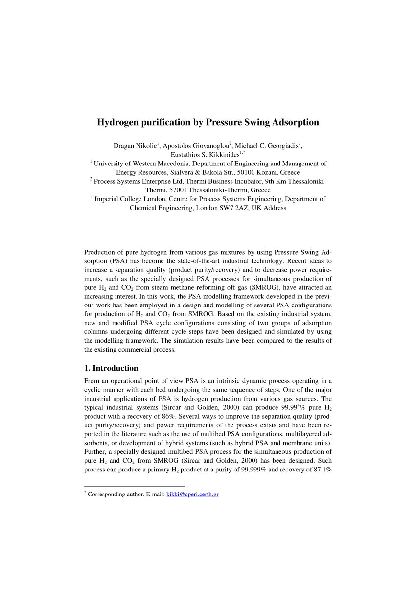 Pdf Hydrogen Purification By Pressure Swing Adsorption