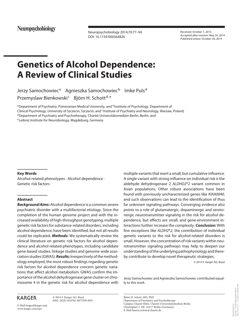 Pdf Genetics Of Alcohol Dependence A Review Of Clinical Studies