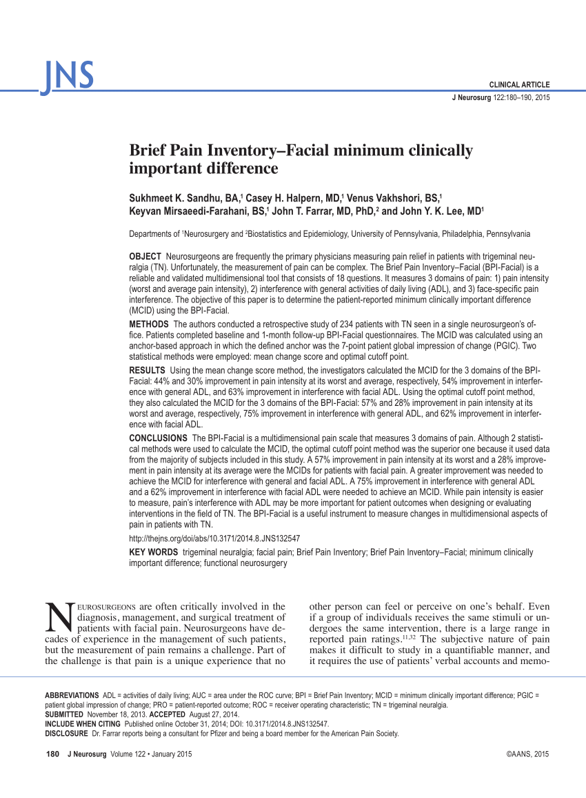 (PDF) Brief Pain Inventory–Facial minimum clinically important difference