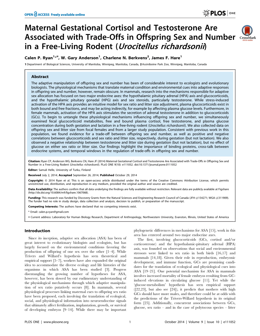 PDF) Maternal Gestational Cortisol and Testosterone Are Associated with  Trade-Offs in Offspring Sex and Number in a Free-Living Rodent (Urocitellus  richardsonii)