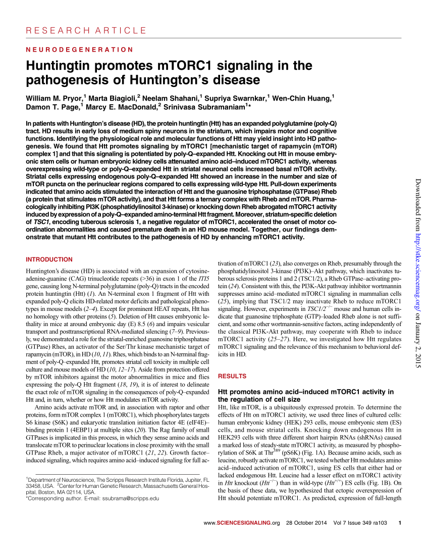 PDF) Huntingtin promotes mTORC1 signaling in the pathogenesis of