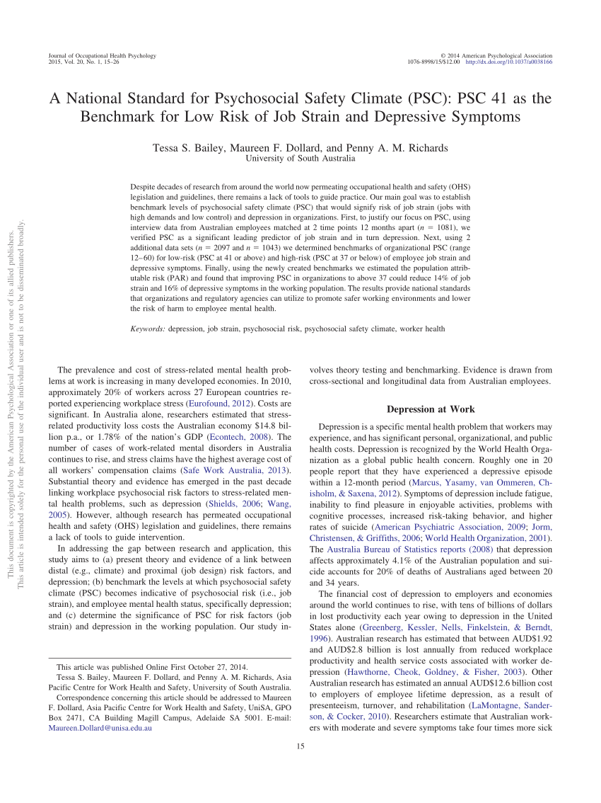 Pdf A National Standard For Psychosocial Safety Climate Psc Psc - pdf a national standard for psychosocial safety climate psc psc 41 as the benchmark for low risk of job strain and depressive symptoms