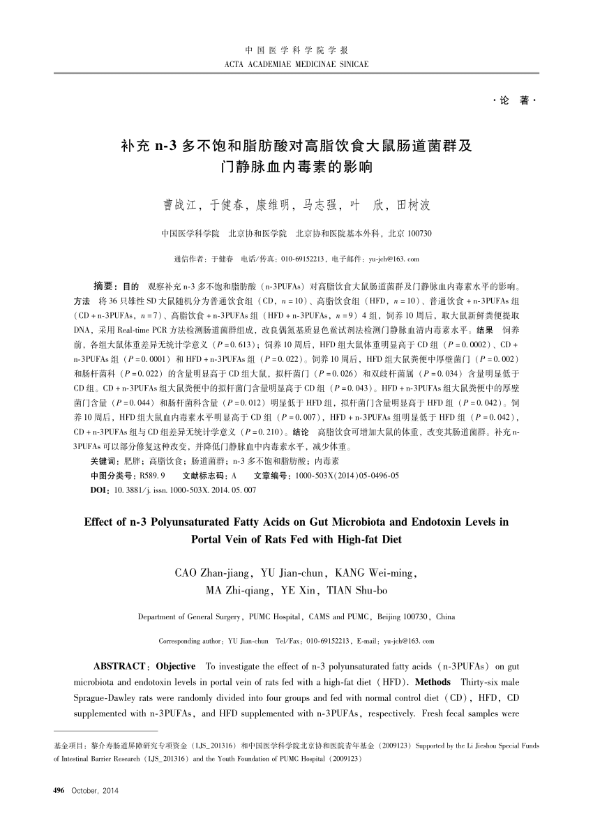 Pdf Effect Of N 3 Polyunsaturated Fatty Acids On Gut Microbiota And Endotoxin Levels In Portal Vein Of Rats Fed With High Fat Diet