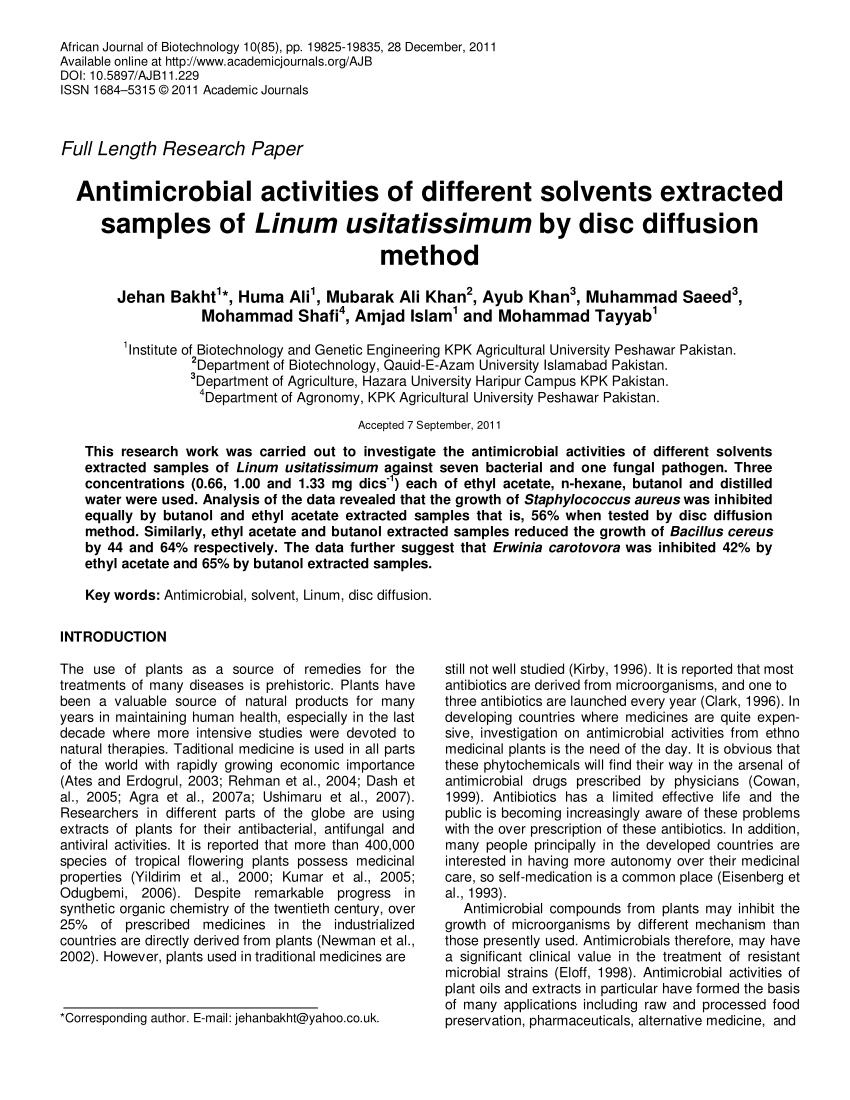 Pdf Antimicrobial Activities Of Different Solvents Extracted Samples Of Linum Usitatissimum By Disc Diffusion Method