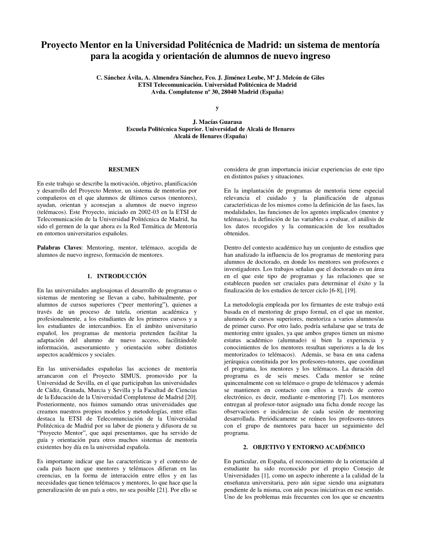 Pdf Proyecto Mentor En La Universidad Politecnica De Madrid Un Sistema De Mentoria Para La Acogida Y Orientacion De Alumnos De Nuevo Ingreso