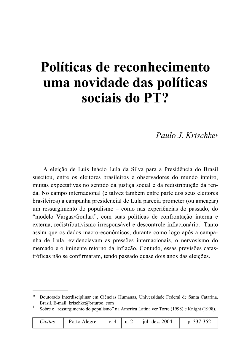 Pdf Políticas De Reconhecimento Uma Novidade Das Políticas Sociais Do Pt 3416