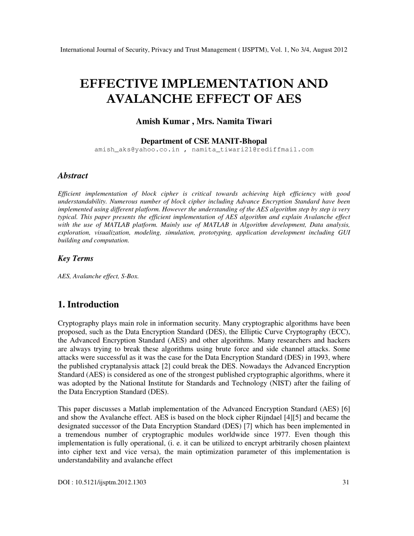 Pdf Effective Implementation And Avalanche Effect Of Aes