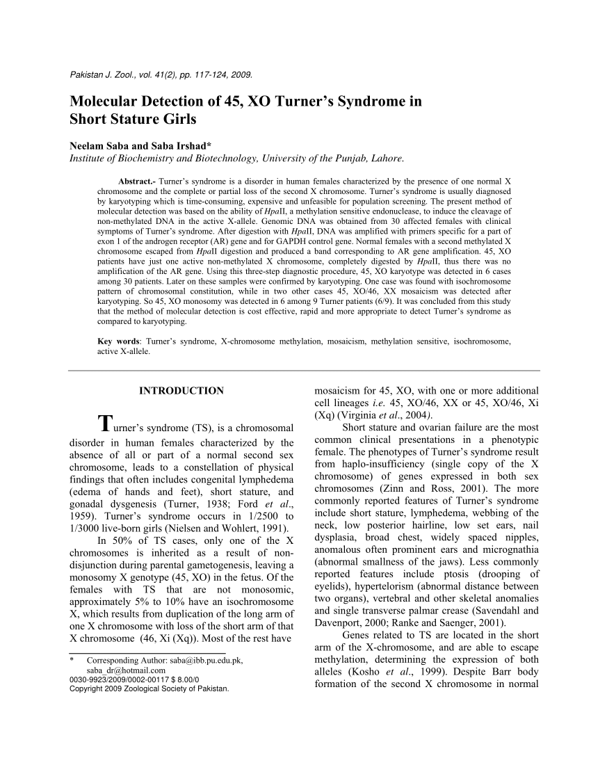 (PDF) Molecular Detection of 45, XO Turner's Syndrome in Short Stature