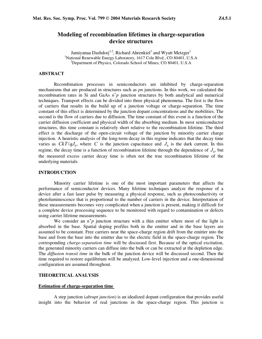 Pdf Modeling Of Recombination Lifetimes In Charge Separation