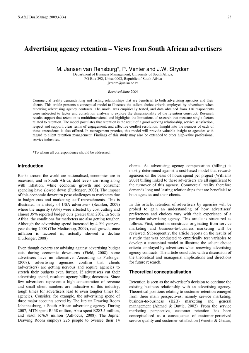 (PDF) Advertising agency retention Views from South African advertisers