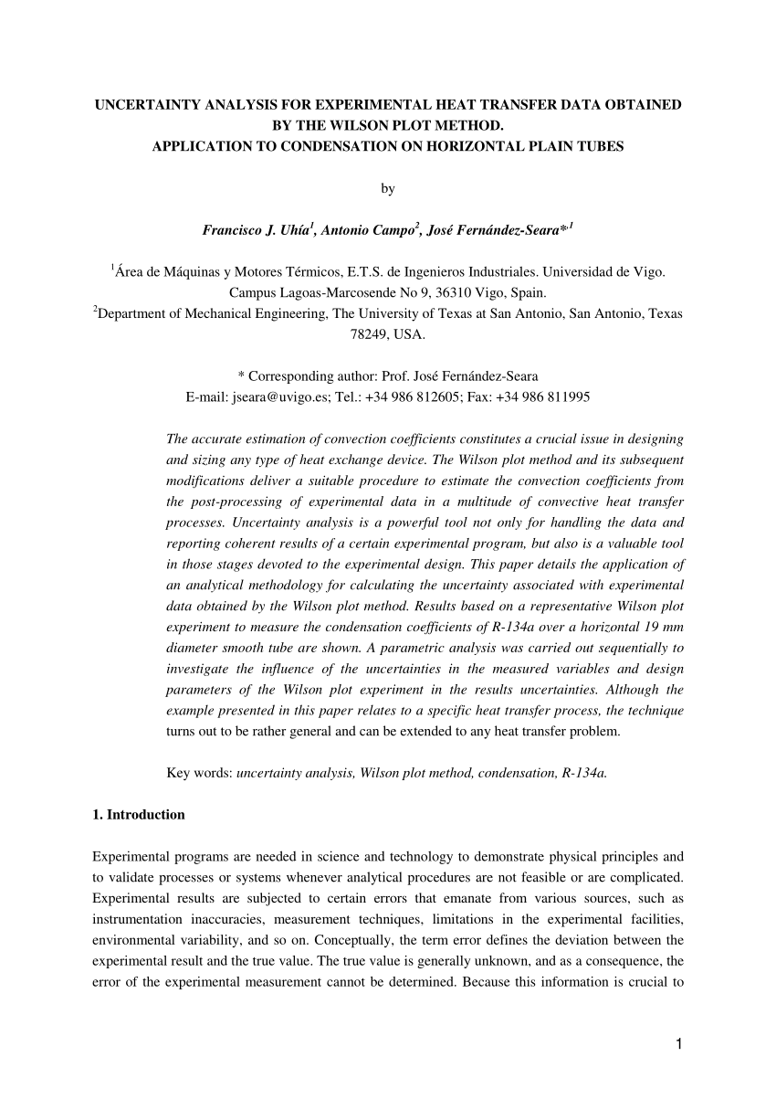 Pdf Uncertainty Analysis For Experimental Heat Transfer Data Obtained By The Wilson Plot Method Application To Condensation On Horizontal Plain Tubes