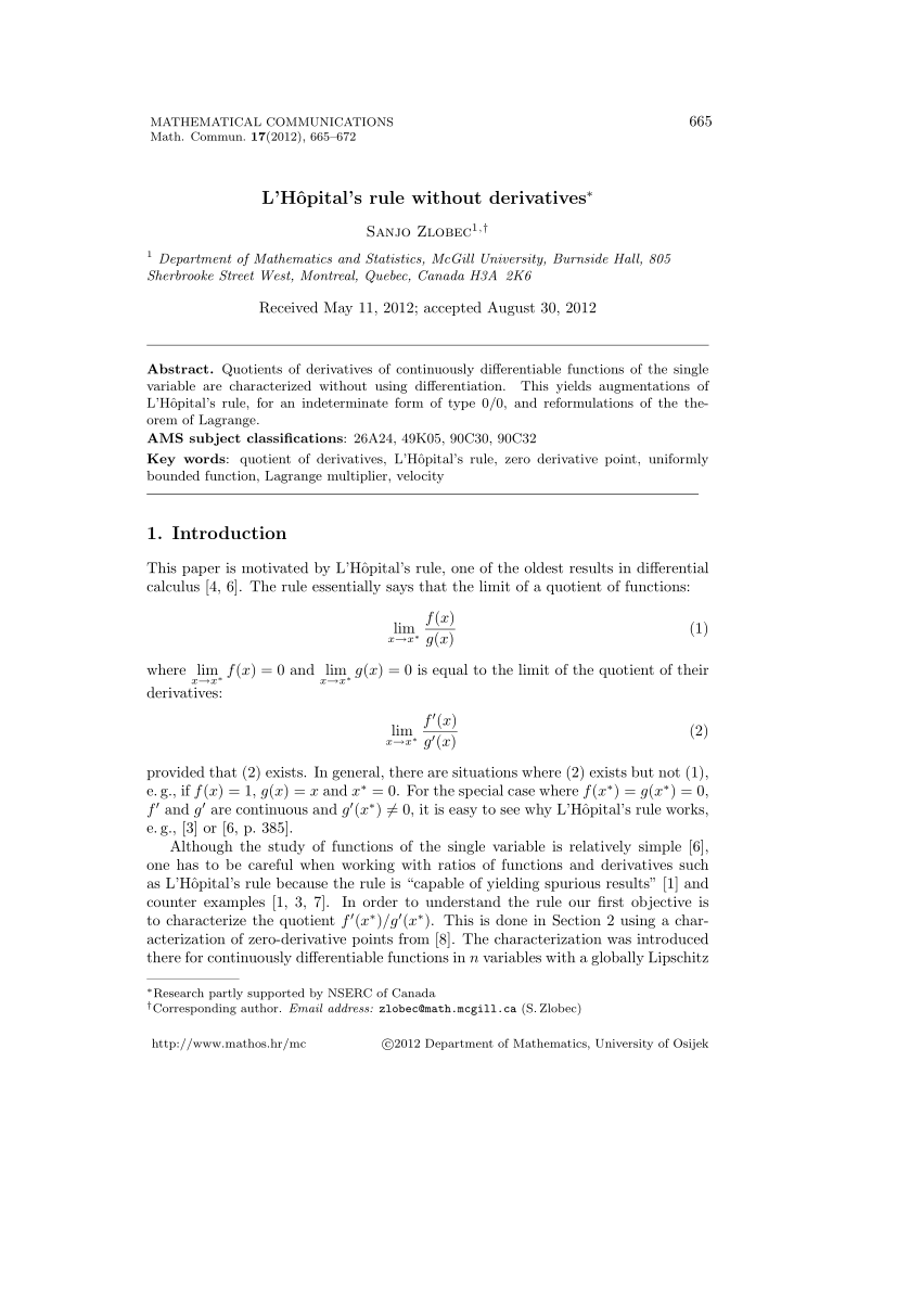 Pdf L Hopital S Rule Without Derivatives
