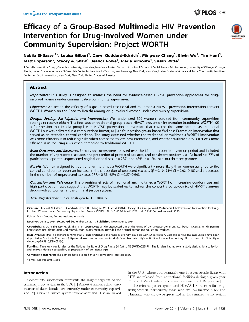 PDF) Efficacy of a Group-Based Multimedia HIV Prevention Intervention for  Drug-Involved Women under Community Supervision: Project WORTH