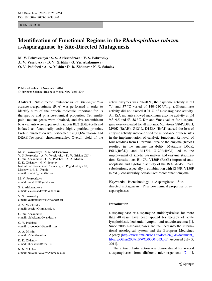 Pdf Identification Of Functional Regions In The Rhodospirillum Rubrum L Asparaginase By Site Directed Mutagenesis