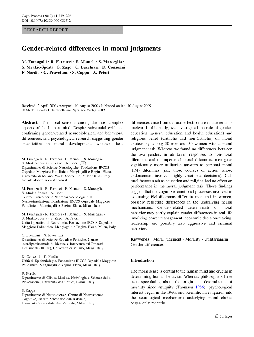 Pdf Gender Related Differences In Moral Judgments