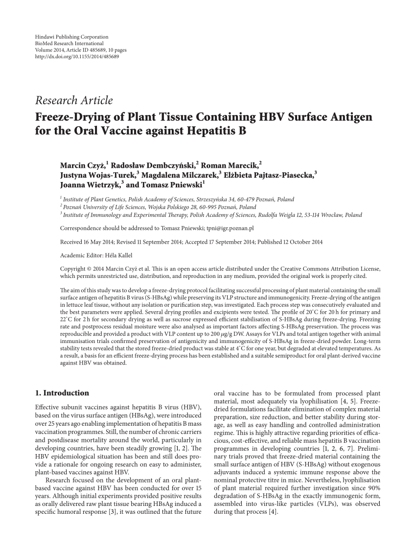 (PDF) Freeze-Drying of Plant Tissue Containing HBV Surface Antigen for the  Oral Vaccine against Hepatitis B