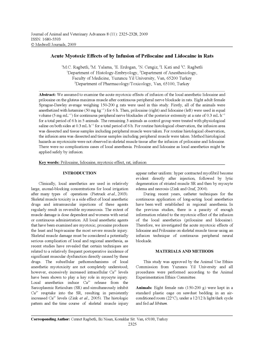 PDF Acute Myotoxic Effects of by Infusion of Prilocaine and  