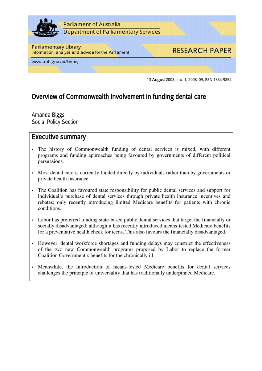 Pdf Overview Of Commonwealth Involvement In Funding Dental Care