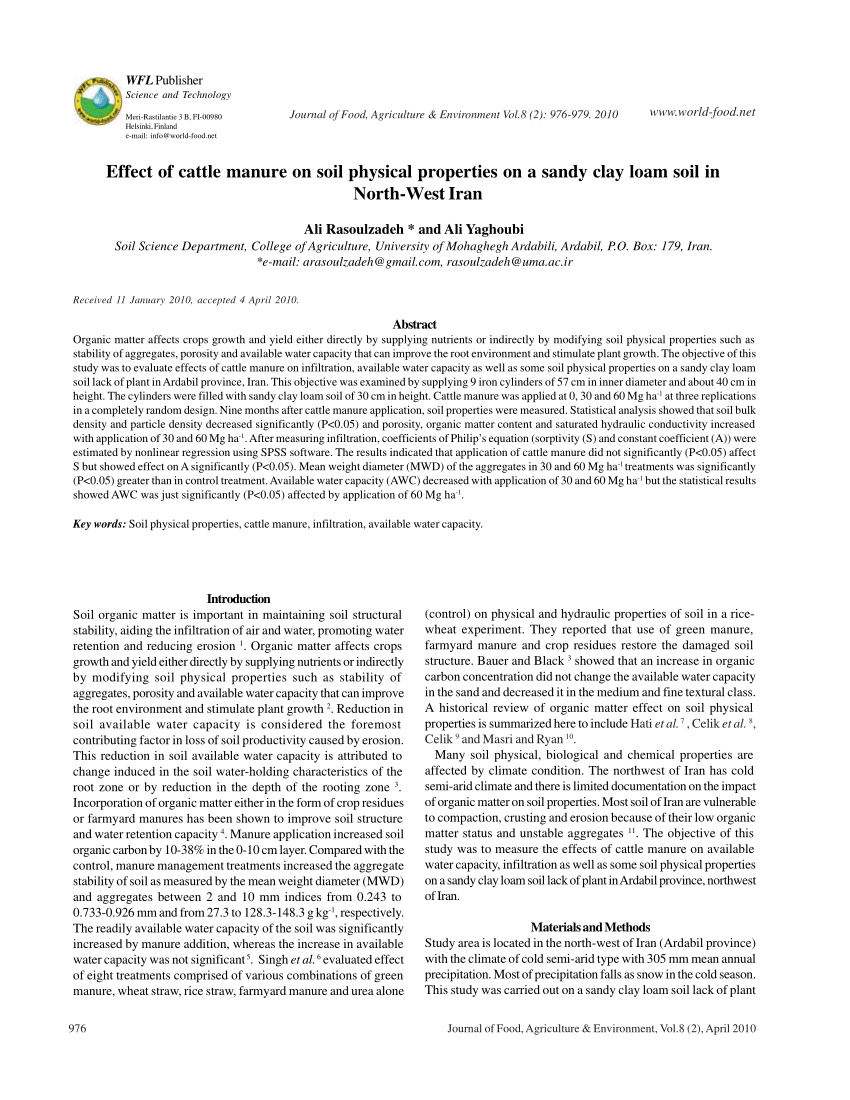 Pdf Effect Of Cattle Manure On Soil Physical Properties On A
