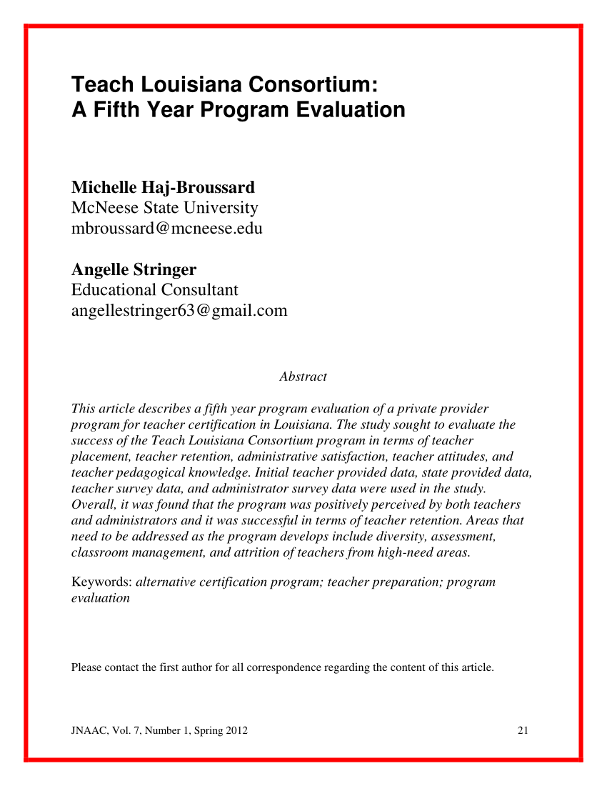 (PDF) Teach Louisiana Consortium: A Fifth Year Program Evaluation