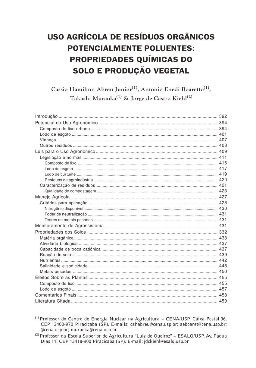 PDF) Uso agrícola de resíduos orgânicos potencialmente poluentes:  Propriedades químicas do solo e produção vegetal