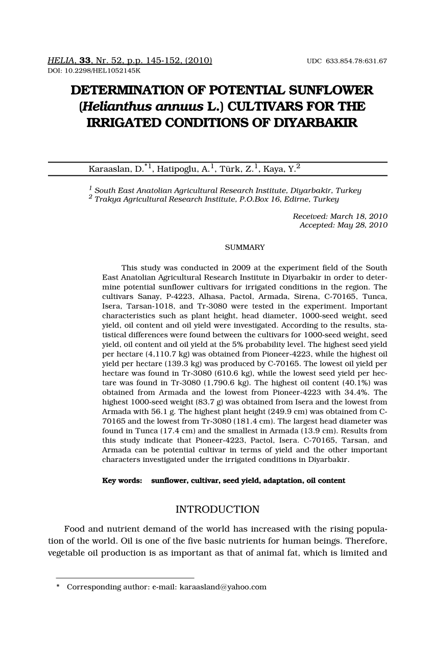 Pdf Determination Of Potential Sunflower Helianthus Annuus L Cultivars For The Irrigated Conditions Of Diyarbakir