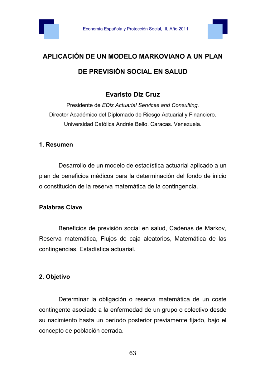 PDF) APLICACIÓN DE UN MODELO MARKOVIANO A UN PLAN DE PREVISIÓN SOCIAL EN  SALUD