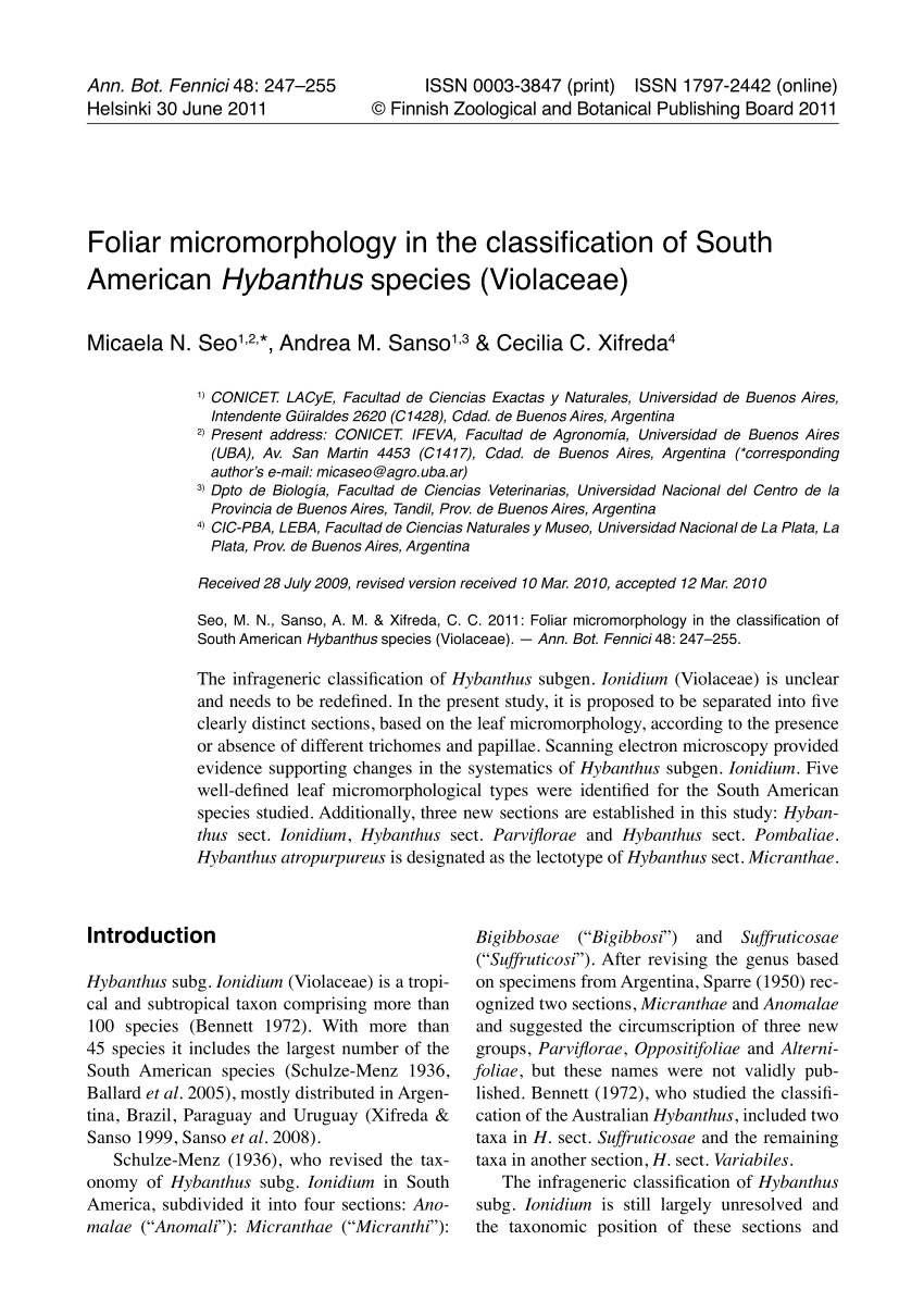 List of studied species of Hybanthus with the details of provenance