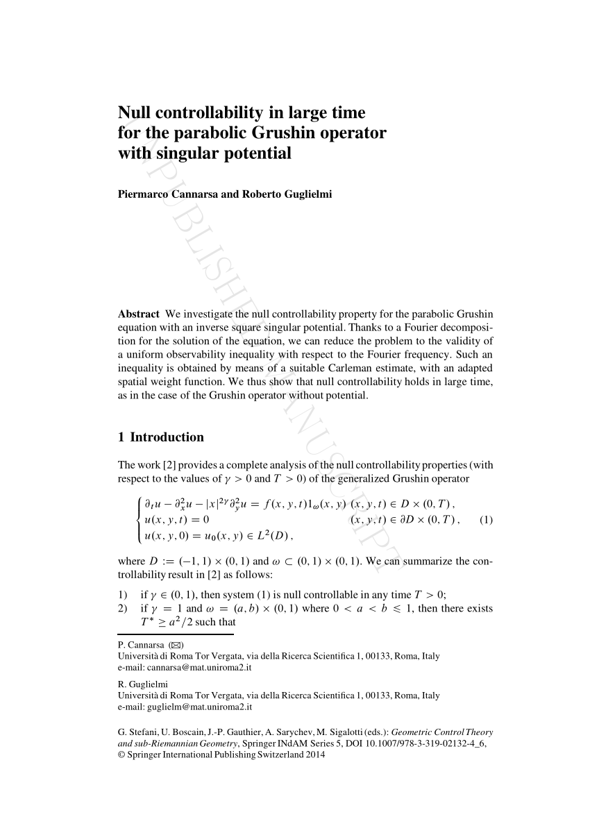 Pdf Null Controllability In Large Time For The Parabolic Grushin Operator With Singular Potential