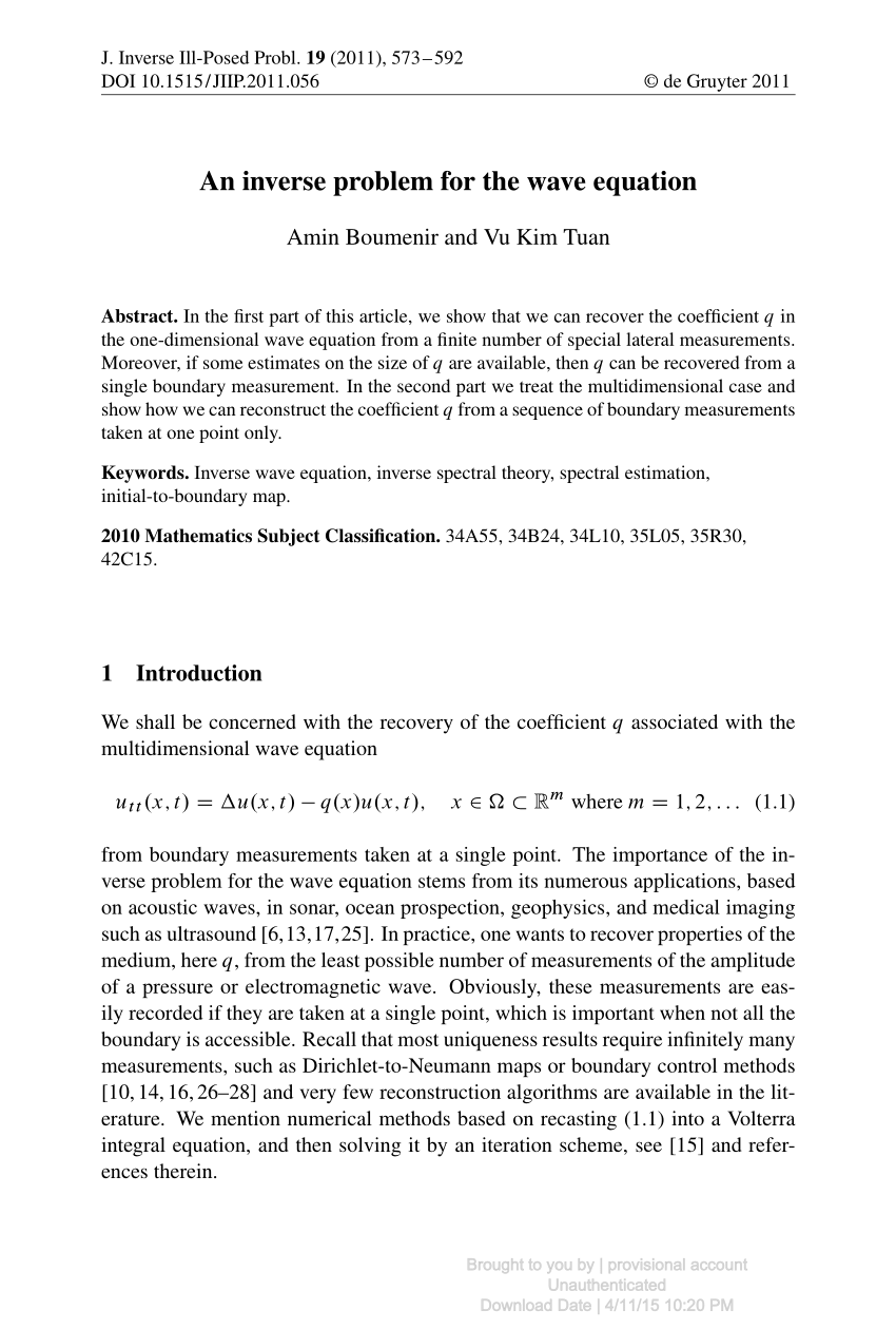 Pdf An Inverse Problem For The Wave Equation