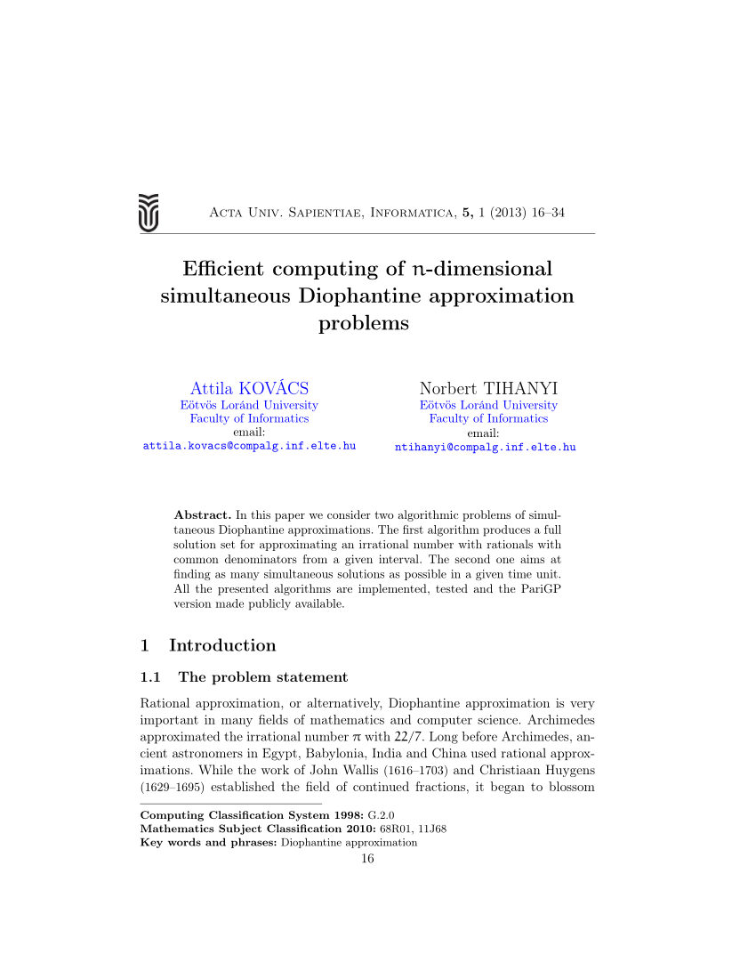 Pdf Efficient Computing Of N Dimensional Simultaneous Diophantine Approximation Problems