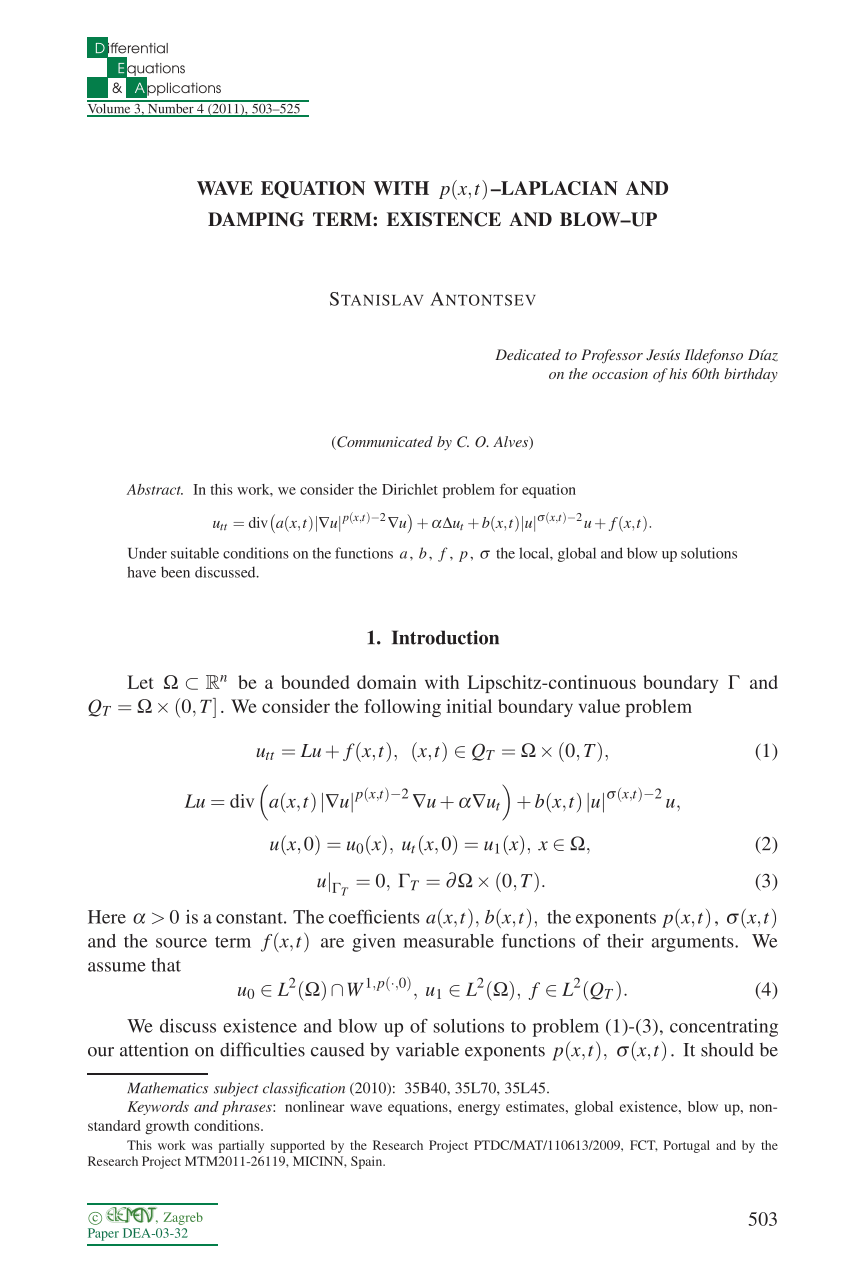 Pdf Wave Equation With P X T Laplacian And Damping Term Existence And Blow Up