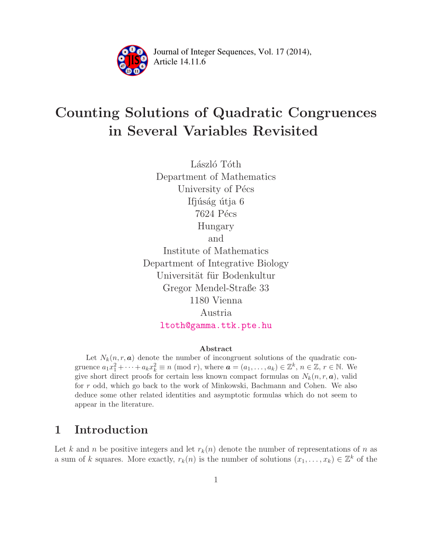 Pdf Counting Solutions Of Quadratic Congruences In Several Variables Revisited