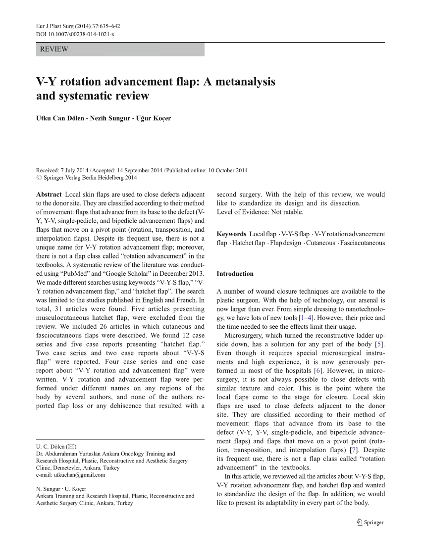 Pdf V Y Rotation Advancement Flap A Metanalysis And Systematic Review