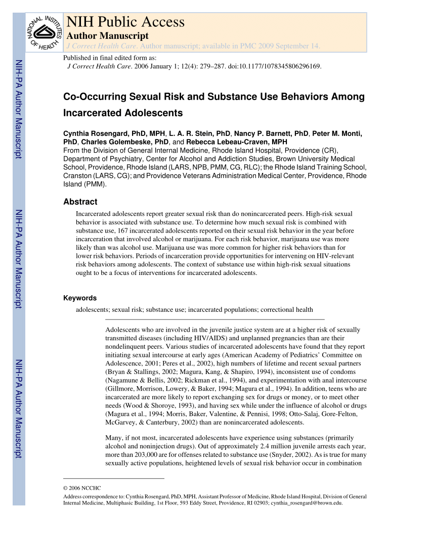 Pdf Co Occurring Sexual Risk And Substance Use Behaviors Among