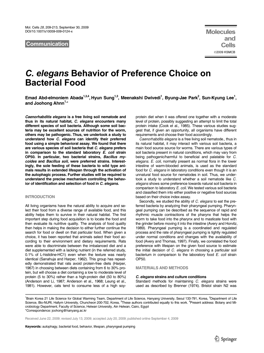 Pdf C Elegans Behavior Of Preference Choice On Bacterial Food