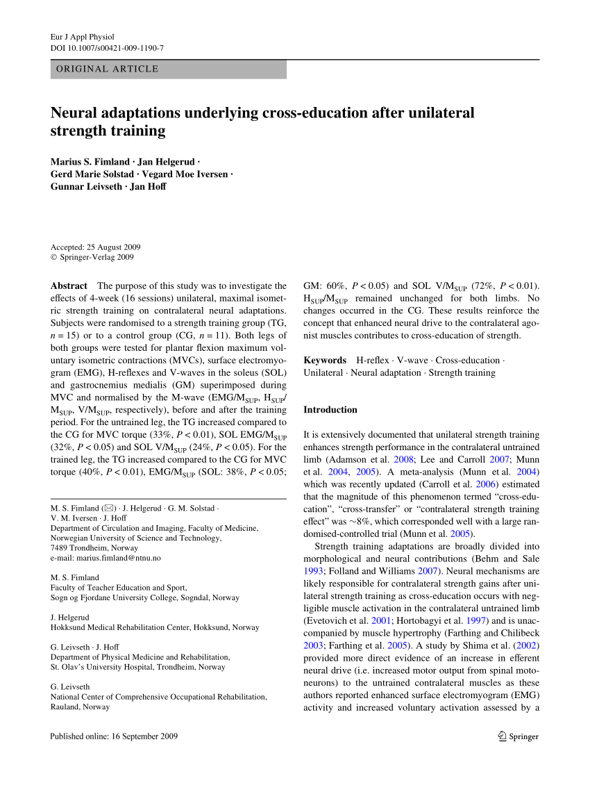 Pdf Neural Adaptations Underlying Cross Education After Unilateral Strength Training