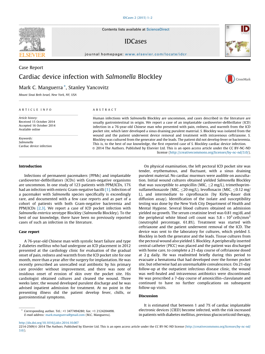 (PDF) Cardiac Device Infection with Salmonella Blockley