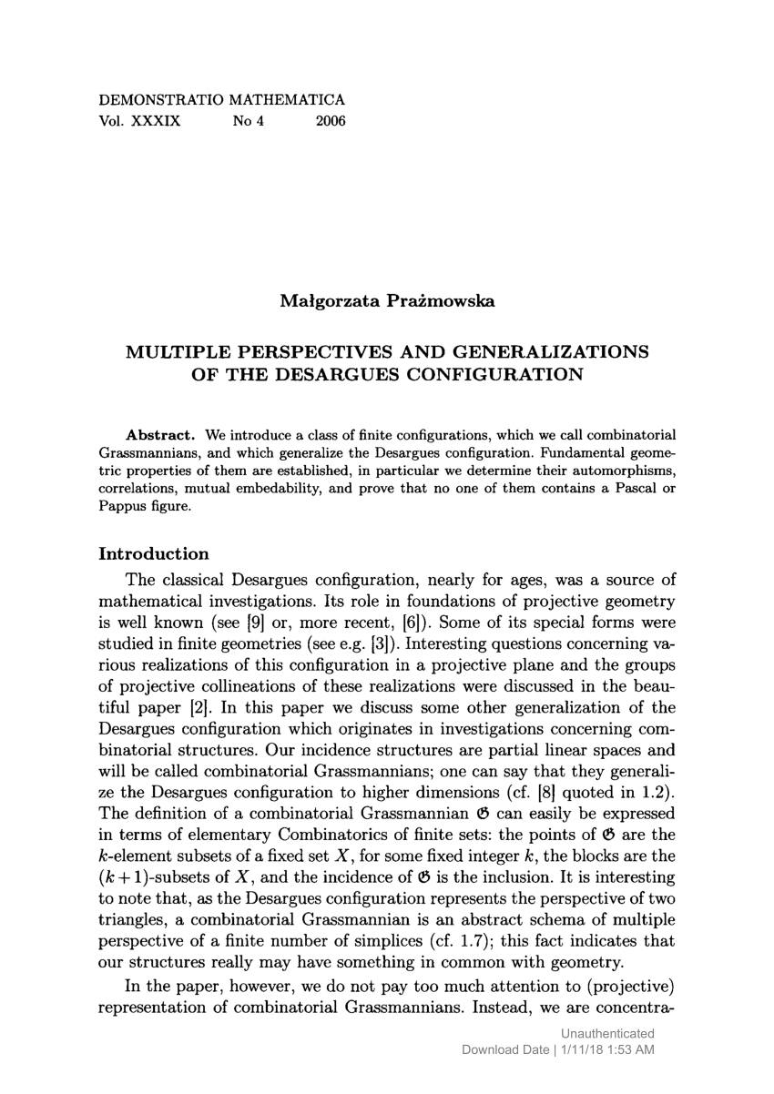 PDF) Multiple Perspectives And Generalizations Of The Desargues.