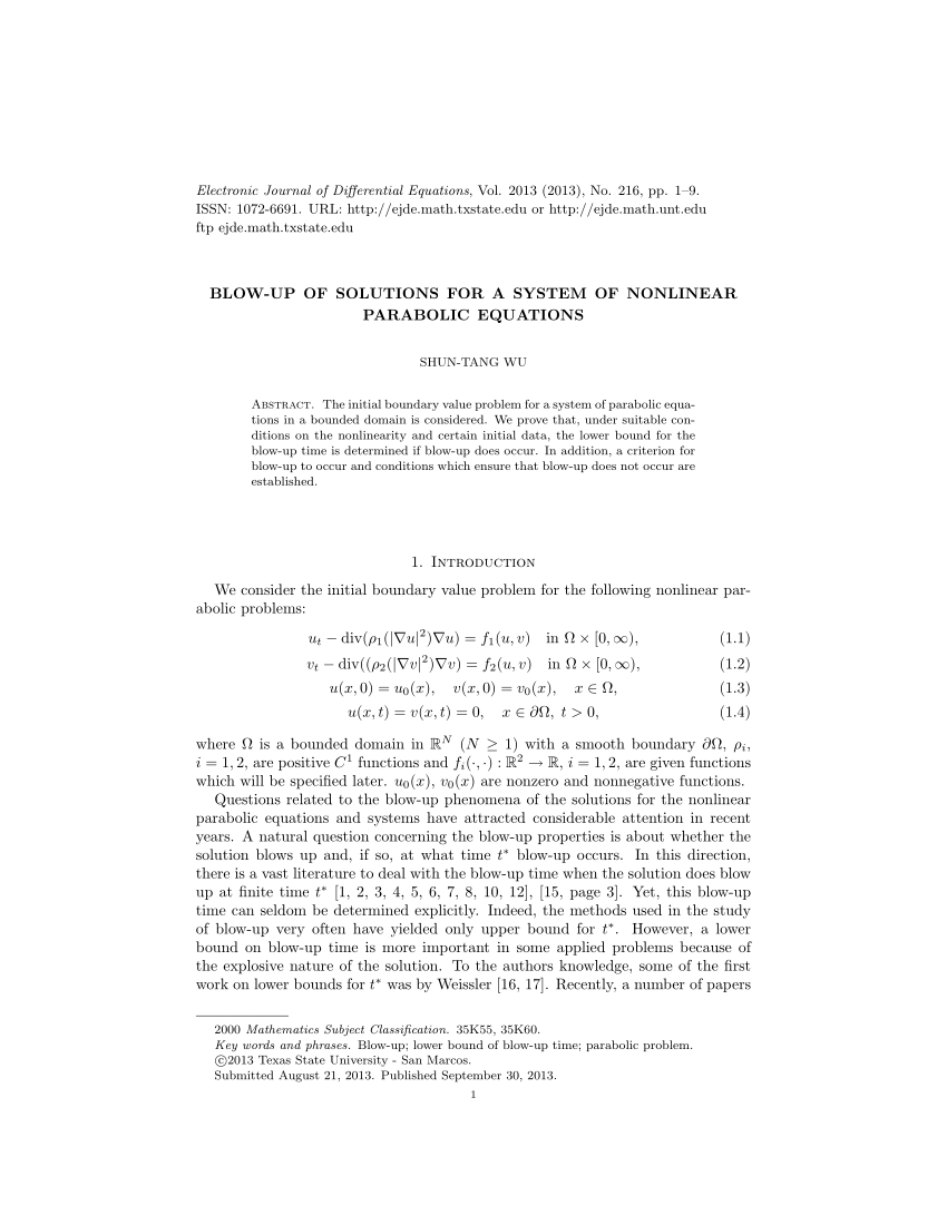 (PDF) Blow-up of solutions for a system of nonlinear parabolic equations