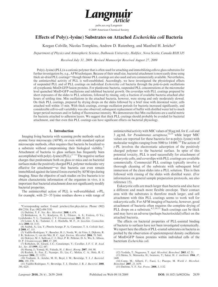 Pdf Effects Of Poly L Lysine Substrates On Attached Escherichia Coli Bacteria