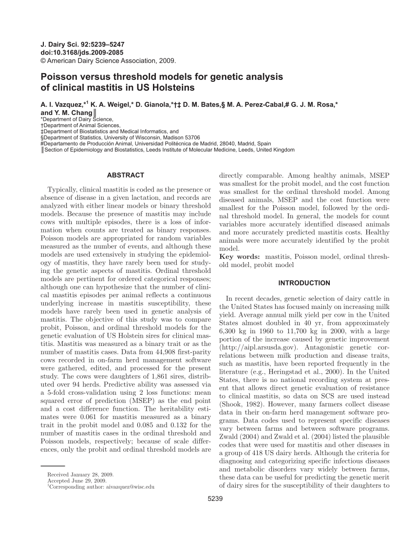 Pdf Poisson Versus Threshold Models For Genetic Analysis Of Clinical Mastitis In Us Holsteins