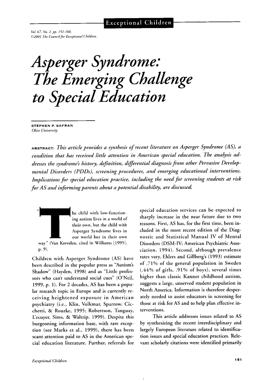 pdf) asperger syndrome: the emerging challenge to special education