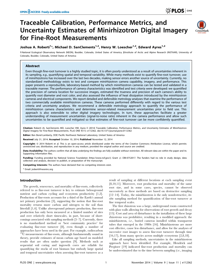 Pdf Traceable Calibration Performance Metrics And Uncertainty Estimates Of Minirhizotron Digital Imagery For Fine Root Measurements