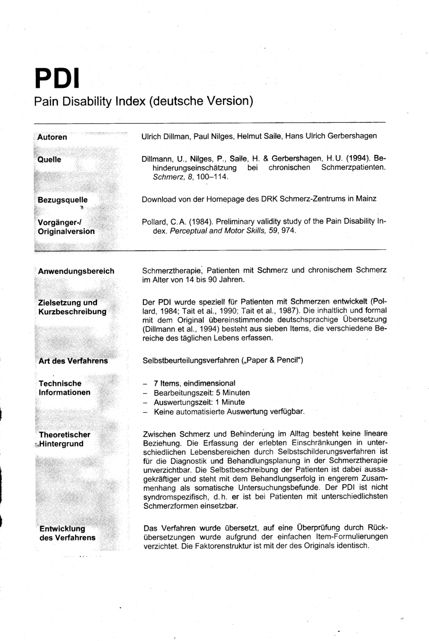 (PDF) PDI Pain Disability Index (deutsche Version)