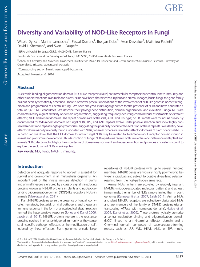 (PDF) Diversity and Variability of NOD-Like Receptors in Fungi