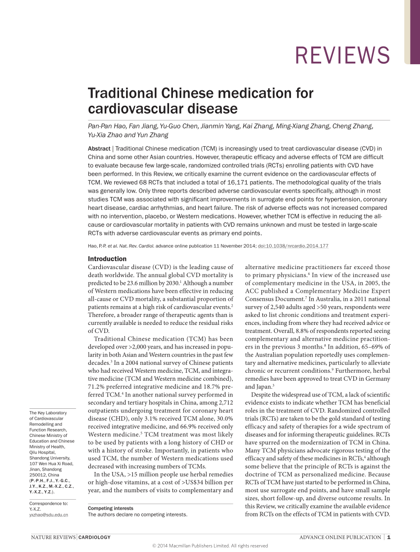 Pdf Traditional Chinese Medication For Cardiovascular Disease