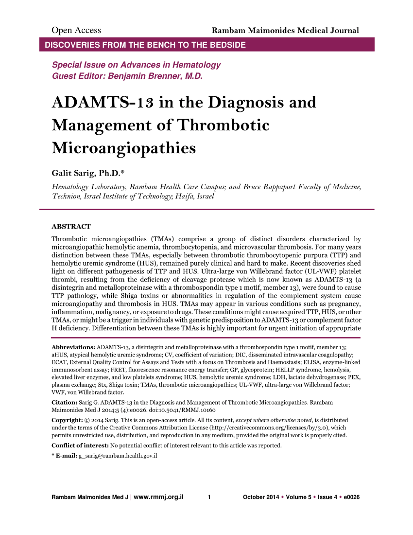 Pdf Adamts 13 In The Diagnosis And Management Of Thrombotic Microangiopathies