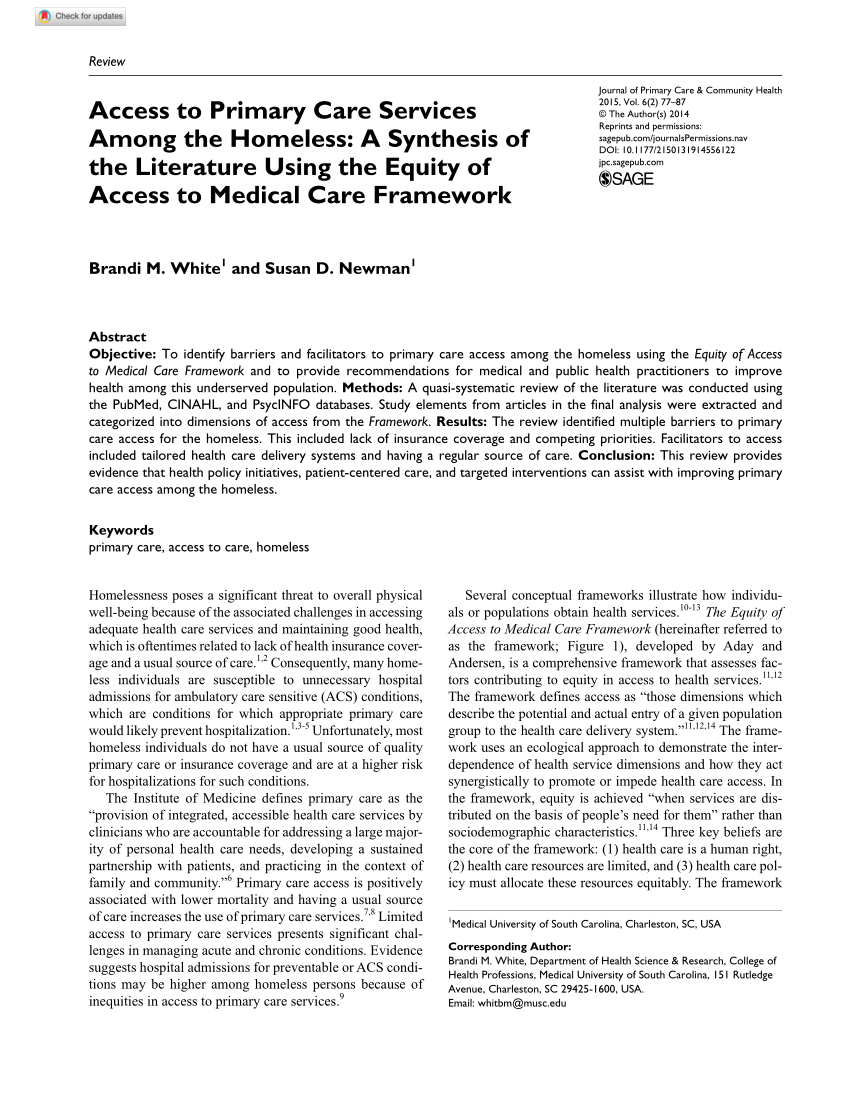 Pdf Access To Primary Care Services Among The Homeless